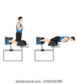 Man doing glute ham raise exercise. Glute Ham Developer Back Extension. Flat vector illustration isolated on white background