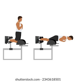 Man doing glute ham raise exercise. Glute Ham Developer Back Extension. Flat vector illustration isolated on white background