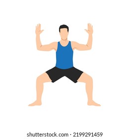 Man doing Goddess Pose, Fierce Angle Pose, Victory Squat Pose, Practice Utkata Konasana. Flat vector illustration isolated on white background