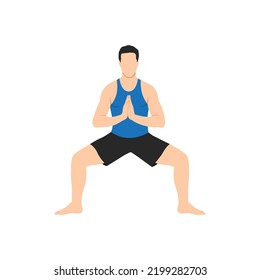 Man doing Goddess Pose Prayer Hands, Fierce Angle Pose Prayer Hands, Victory Squat Pose Prayer Hands, Practice Utkata Konasana Namaste Hands. Flat vector illustration isolated on white background