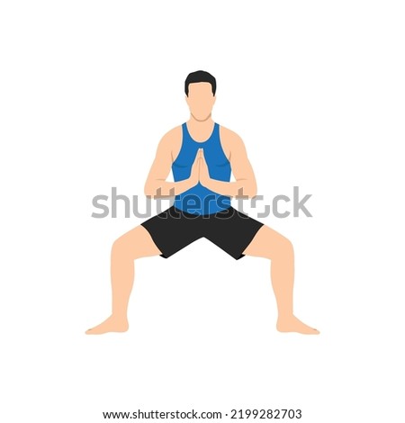 Man doing Goddess Pose Prayer Hands, Fierce Angle Pose Prayer Hands, Victory Squat Pose Prayer Hands, Practice Utkata Konasana Namaste Hands. Flat vector illustration isolated on white background