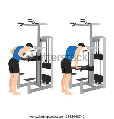 Man doing gravitron tricep press exercise. Flat vector illustration isolated on white background