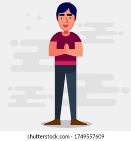 a man doing greeting with hands together for preventing transmission of viruses vector illustration in flat style