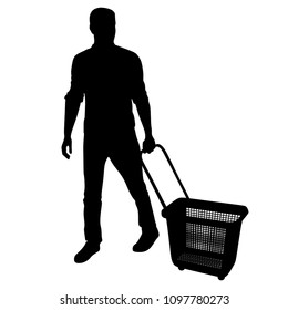 Man Doing Grocery Shopping With Shopping Basket At Supermarket, Vector Silhouette Isolated On White. Male Usual Walk After Work Buy Food And Another Goods In Market.