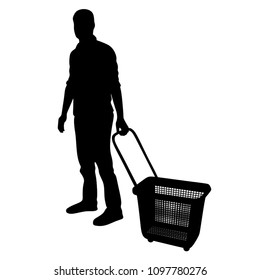 Man Doing Grocery Shopping With Shopping Basket At Supermarket, Vector Silhouette Isolated On White. Male Usual Walk After Work Buy Food And Another Goods In Market.