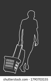 Man doing grocery with shopping basket at supermarket, vector line contour silhouette illustration isolated on black. Buyer boy walk after work with consumer bag buy food and another goods in market.