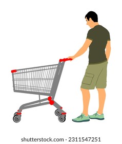 Man doing grocery shopping with shopping basket at supermarket vector illustration isolated. Male after work with consumer bag buy food, goods. Metal market trolley. Boy push empty shopping cart.