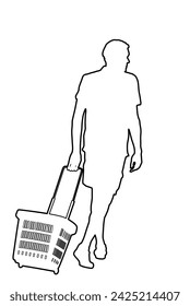 Man doing grocery with shopping basket at supermarket, vector line contour silhouette illustration isolated on white. Buyer boy walk after work with consumer bag buy food and another goods in market.