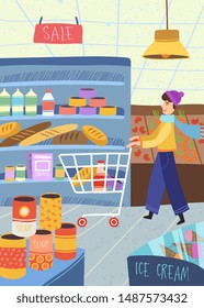 Man doing the grocery shopping pushing a cart with food in a supermarket, colorful vector cartoon illustration