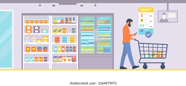 Man doing grocery shopping at the supermarket and checking the smartphone, unmanned store concept