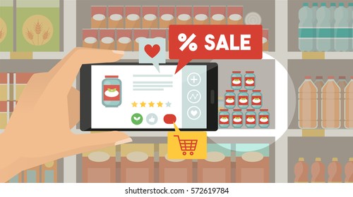 Man doing grocery shopping at the supermarket, he is viewing offers and augmented reality contents on his smartphone, store shelves on the background