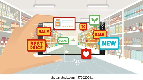 Man doing grocery shopping at the supermarket, he is viewing offers and augmented reality contents on his smartphone, store aisle and shelves on the background, point of view