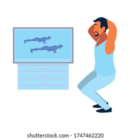 man doing guided exercises on television vector illustration design