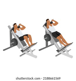 Man doing hack squat exercise. Flat vector illustration isolated on white background
