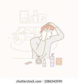 A man doing hair styling. hand drawn style vector doodle design illustrations.