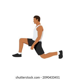 Man Doing Half Kneeling Hip Flexor Stretch Exercise. Flat Vector Illustration Isolated On White Background 