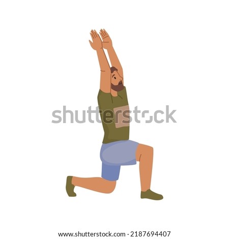 Man doing half kneeling hip flexor stretch exercise. Flat vector illustration isolated on white. Male do Anjaneyasana or low lunge yoga pose with hands up. Fitness sport activities