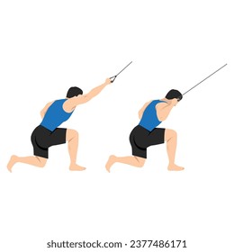 Man doing half kneeling lat pulldown exercise. One arm lat pull down. Flat vector illustration isolated on white background