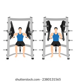 Man doing hammer strength chest bench press. Seated chest press exercise. Flat vector illustration isolated on white background