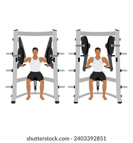 Man doing hammer strength chest bench press. Seated chest press exercise. Flat vector illustration isolated on white background