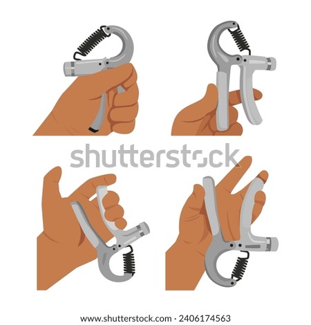 Man doing hand grip with grip strengthener exercise set. Flat vector illustration isolated on white background