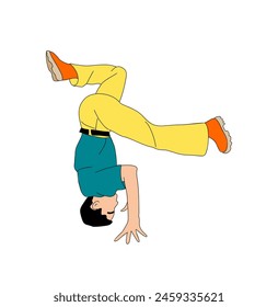 A man is doing a handstand on a white background. The man is wearing a blue shirt and yellow pants. Breakdance dancer teenager. Vector illustration isolated.