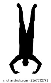 Man doing handstanding vector silhouette, isolated on white background, fill with black color, shadow idea, workout and training concept