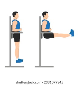 Hombre en la pierna colgante levanta la vista lateral. Ejercicio abdominal. Ilustración vectorial plana aislada en fondo blanco