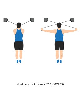 Man doing High cable rear delt fly exercise. Flat vector illustration isolated on white background