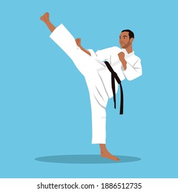 man doing high kicks karate martial arts flat vector illustration isolated on background