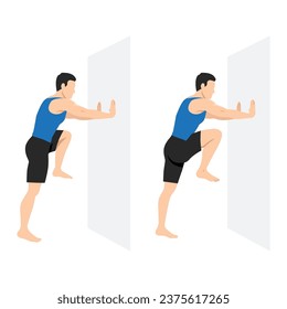 Man doing high knee on the wall or against the wall exercise. Flat vector illustration isolated on white background