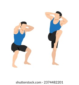 Hombre haciendo ejercicio en cuclillas de rodilla alta. Ilustración vectorial plana aislada en fondo blanco