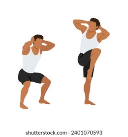 Man doing high knee squat exercise. Flat vector illustration isolated on white background