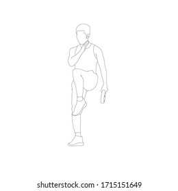 Man Doing High Knee Workout Exercise And One Hand Holding Plate : HIIT : High-Intensity Interval Training Black Outline Concept Vector 