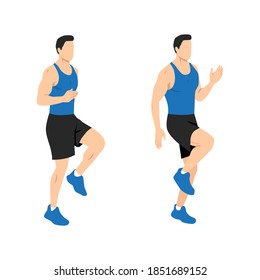 Man doing High knees. Front knee lifts. Run. and Jog on the spot exercise. Flat vector illustration isolated on white background