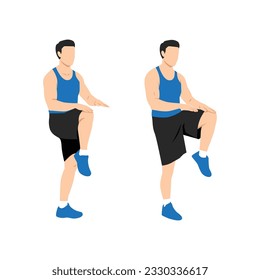 Man doing High knees. Front knee lifts. Run. and Jog on the spot exercise. Flat vector illustration isolated on white background