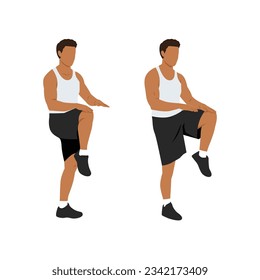 Man doing High knees. Front knee lifts. Run. and Jog on the spot exercise. Flat vector illustration isolated on white background
