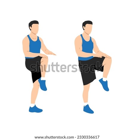 Man doing High knees. Front knee lifts. Run. and Jog on the spot exercise. Flat vector illustration isolated on white background Stock photo © 