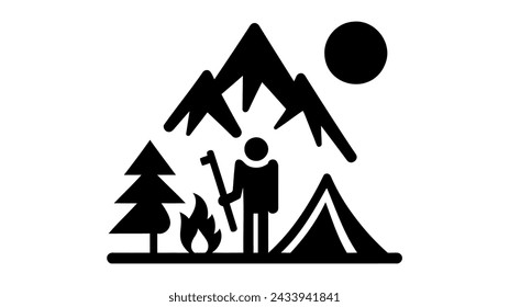 man doing hiking on a landscape camping sticker Vector illustration on white background