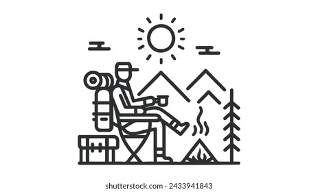 man doing hiking on a landscape camping sticker Vector illustration on white background