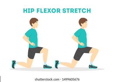 Man Doing Hip Flexor Stretch Exercise. Idea Of Healthy And Active Lifestyle. Sport Workout, Cool Down. Isolated Vector Illustration In Cartoon Style