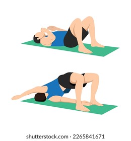 Man doing Hip raises. Butt lift. bridges. Twisting shoulder bridge reach bodyweight exercise. Flat vector illustration isolated on white background