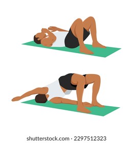 Man doing Hip raises. Butt lift. bridges. Twisting shoulder bridge reach bodyweight exercise. Flat vector illustration isolated on white background