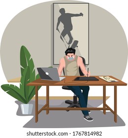 A man doing his designer work at home while keep using medical mask