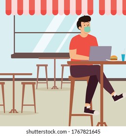 A man doing his homework at cafe while keep using medical mask
