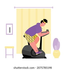 Man Doing Home Exercise On Indoor Stationary Bike - Tired Person Pedaling Bicycle Machine With Angry Face. Vector Illustration Of Quarantine Cardio Workout.