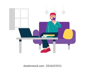 Man doing homework in living room, with laptop and assignment book from college. Design character. Vector flat illustration