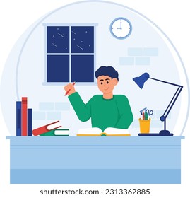 Man Doing Homework At Night Illustration
