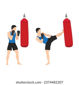 Man doing hook kick exercise on sandbag. Kickboxing martial art workout. Flat vector illustration isolated on white background