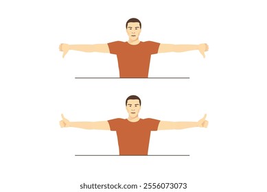 Man doing Horizontal Hand Rotations target for Biceps. Diagram of Stretch Exercise posture. Hold arms out to sides and rotate shoulders by turning a thumbs down.